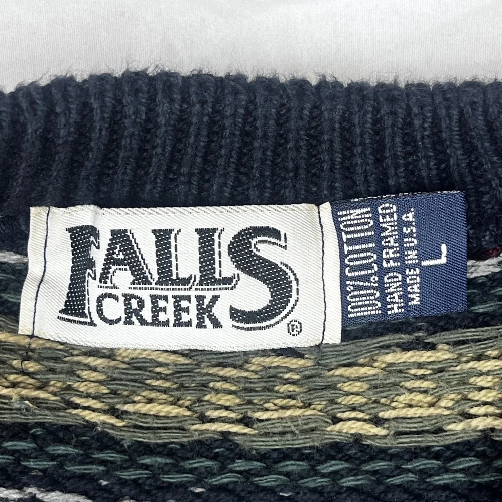 Vintage 90s Adult Large Fair Isle Cotton‎ Sweater Made in USA Navy Green Preppy